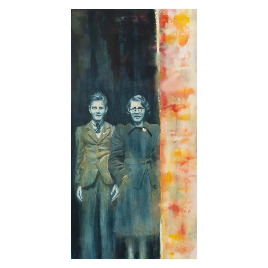 painting of a young man and his mother standing in a doorway