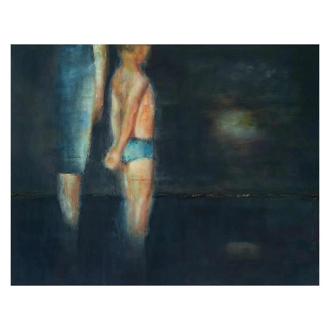 oil painting of a mother and her son standing in shallow water looking out to sea