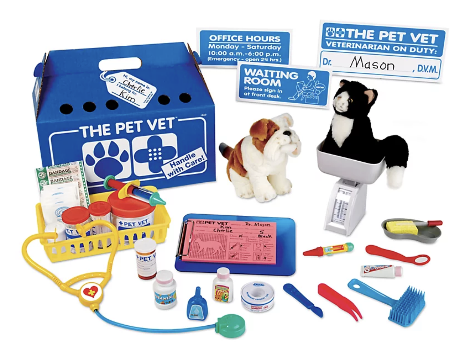 Pretend play at its best. Playing veterinarian with all the best tools! Check ups for your pet and your stuffed animals. Super fun.