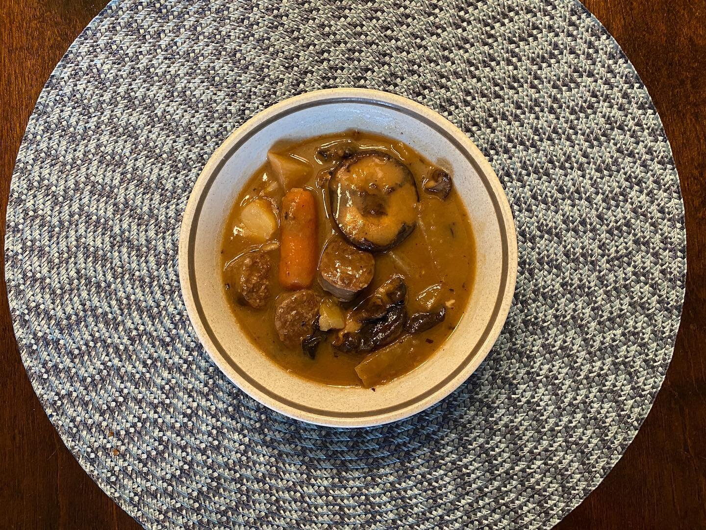 #hobbitday2022 
Dinner: a slow-simmered stew of turnips, potatoes, carrots, sausages, and mushrooms. 
#eatlikeahobbit