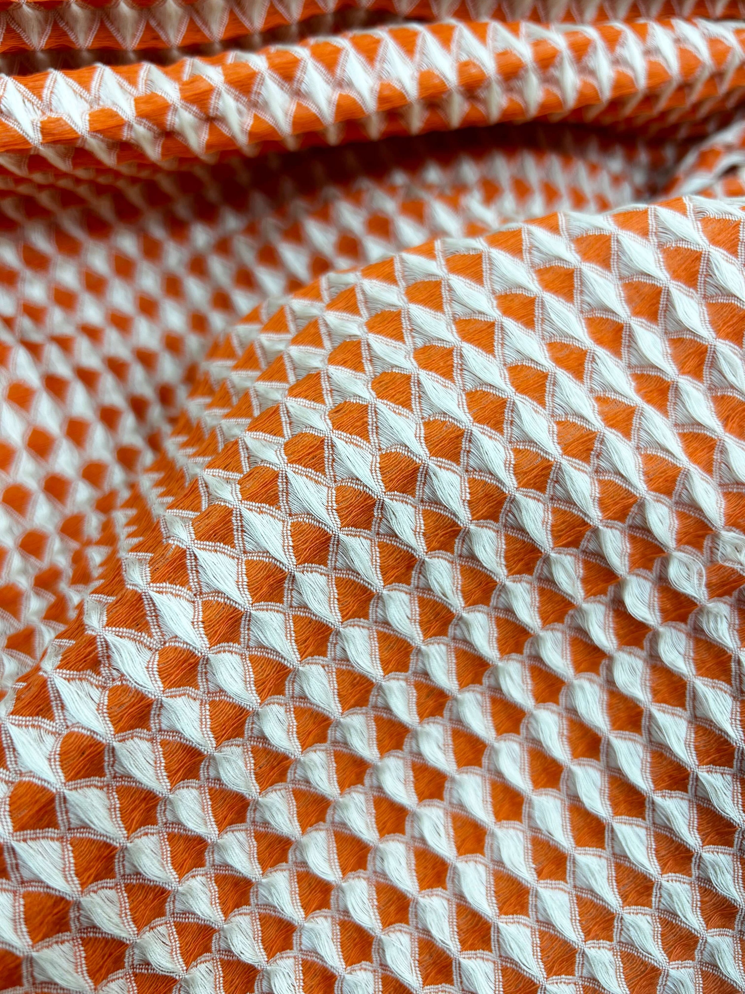 tissu Coton nid d’abeille orange et blanc - zoom