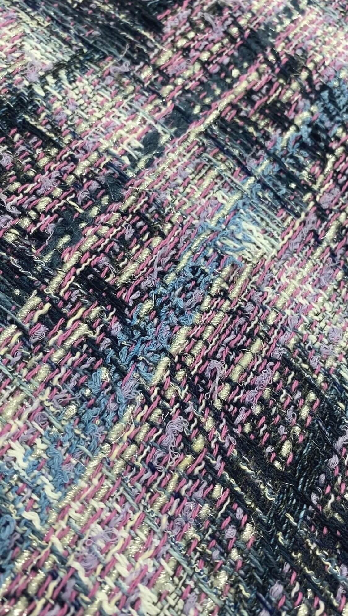 tissu Tweed laine et coton à carreaux bleu rose et violet - face