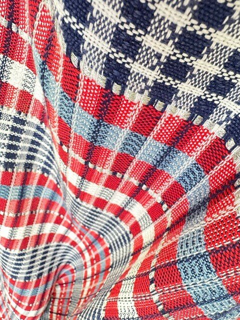 Tissu tweed de coton à petits carreaux rouge bleu roi  blanc