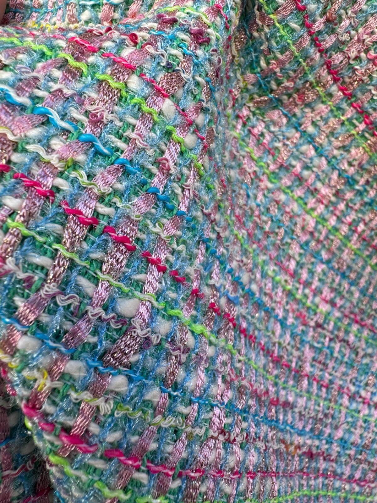 Multicolored tweed fabric fuchsia green-ink