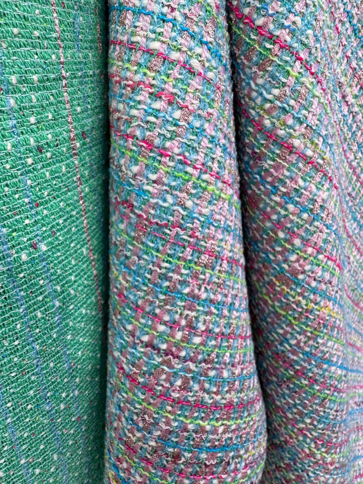 Tissu tweed multicolore fuchsia vert-recto verso
