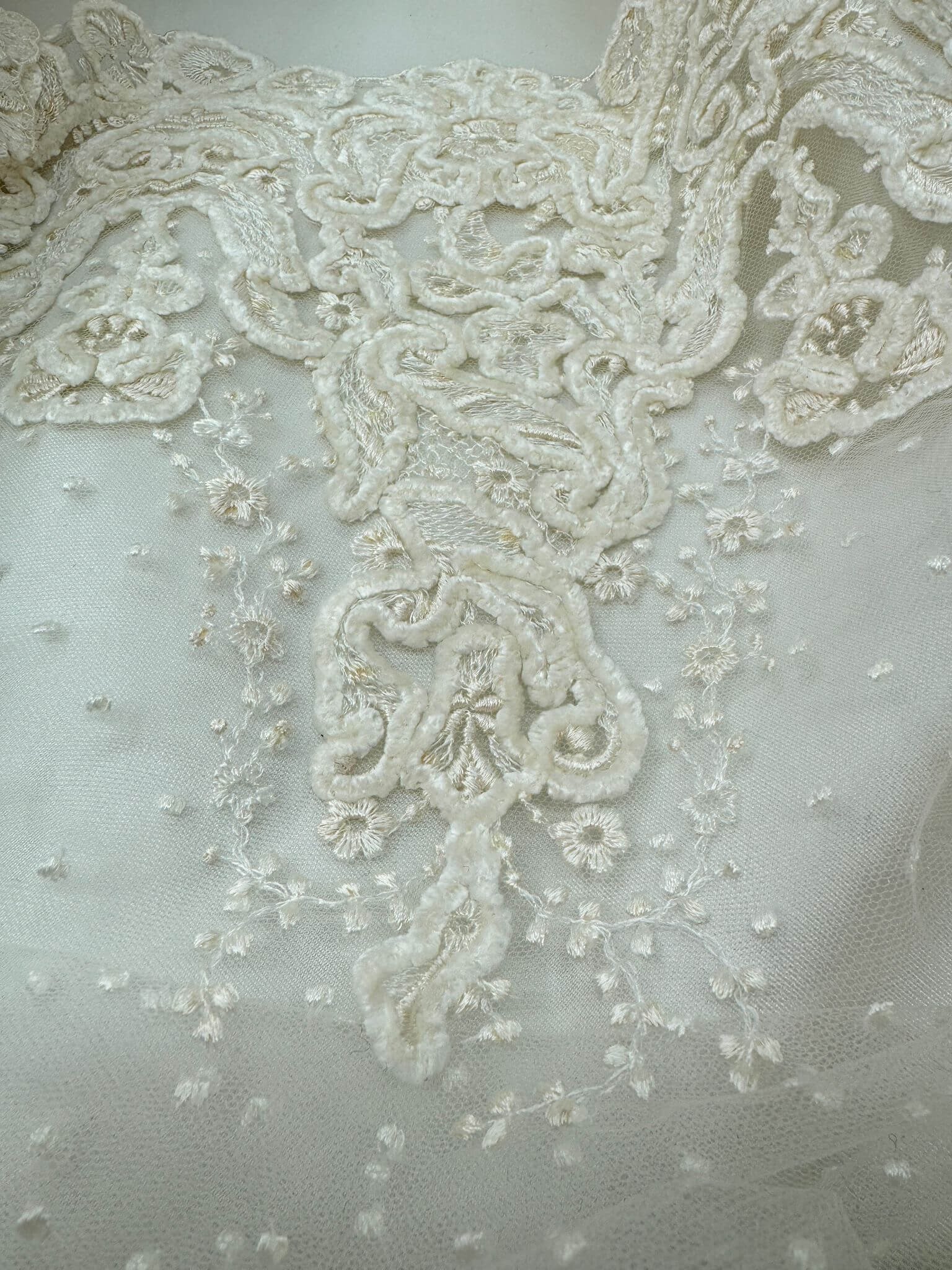 Tulle brodé blanc cassé-détaile de la bordure