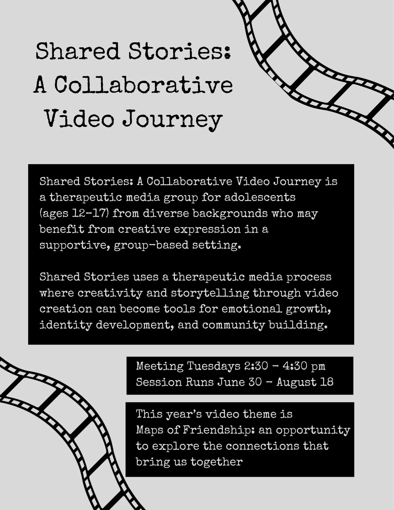 Our Shared Stories group will be an expression-focused group, using media to create and share experiences. The group is for any adolescents, aged 12-17, who may benefit from a non-traditional therapeutic service. Topics will include emotional growth,