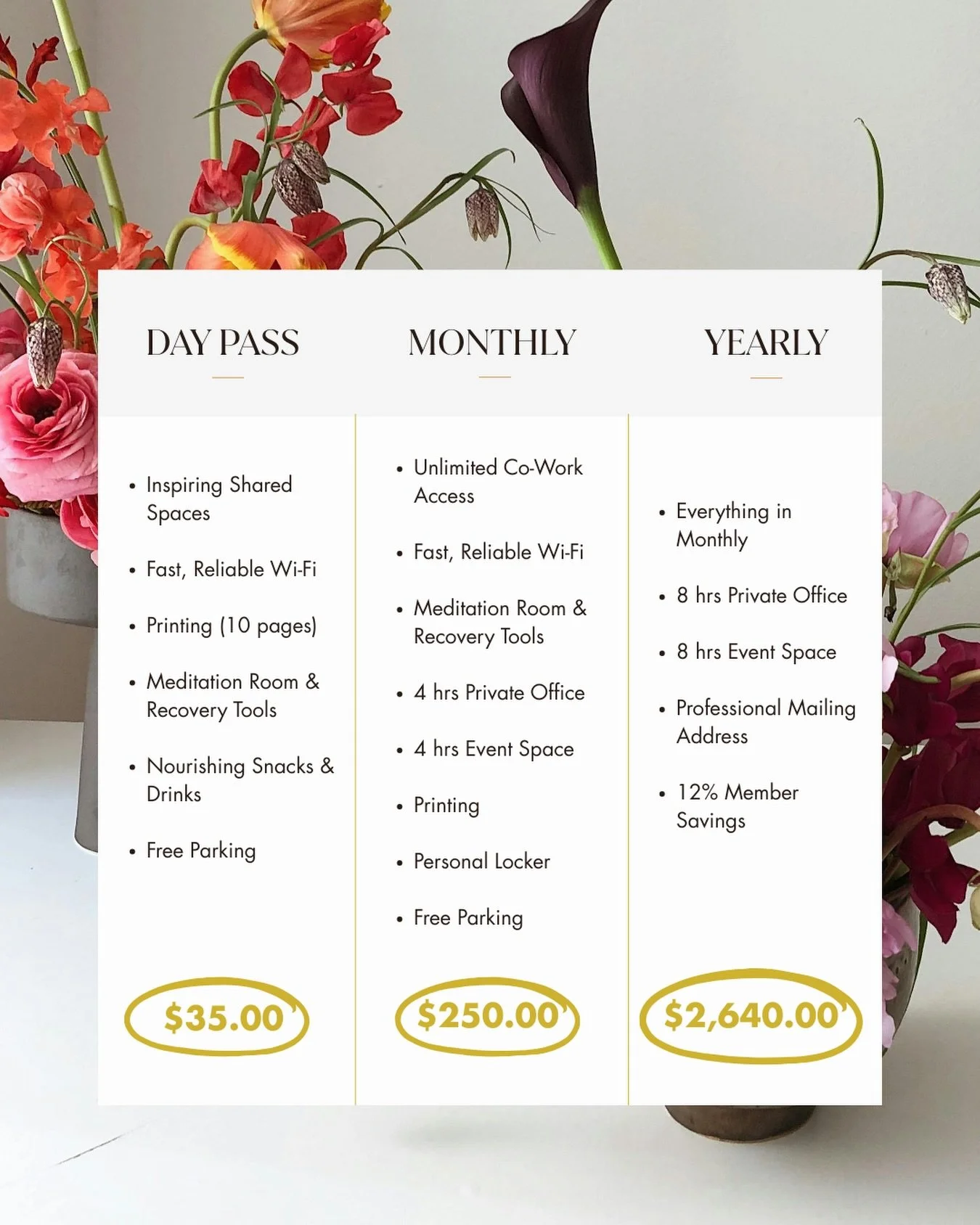 Choose the membership that fits your rhythm.

Whether you&rsquo;re stopping in for the day or settling into a full year of focus, our memberships are designed to support productivity, wellness, and community, without compromise. ✨