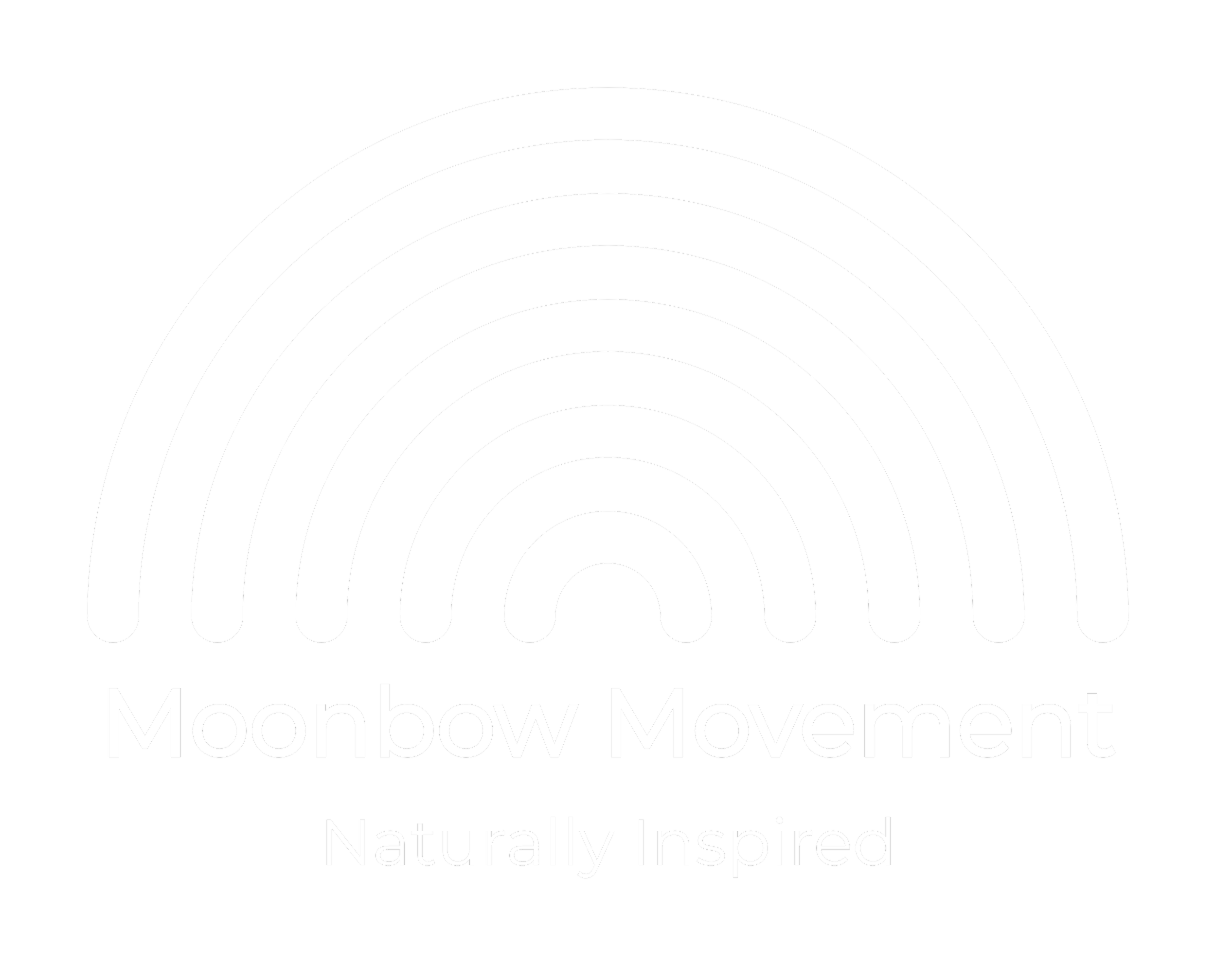 A black background with a white stylized rainbow consisting of five arches. Below the rainbow, the text reads "Moonbow Movement" and underneath that, "Naturally Inspired."