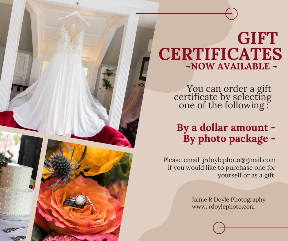 ✨Exciting News! ✨

I am now offering Gift Certificates for any of my photography services. You can either purchase a gift certificate by a specific dollar amount or by a particular photo package that I currently offer. 

These make wonderful gifts fo