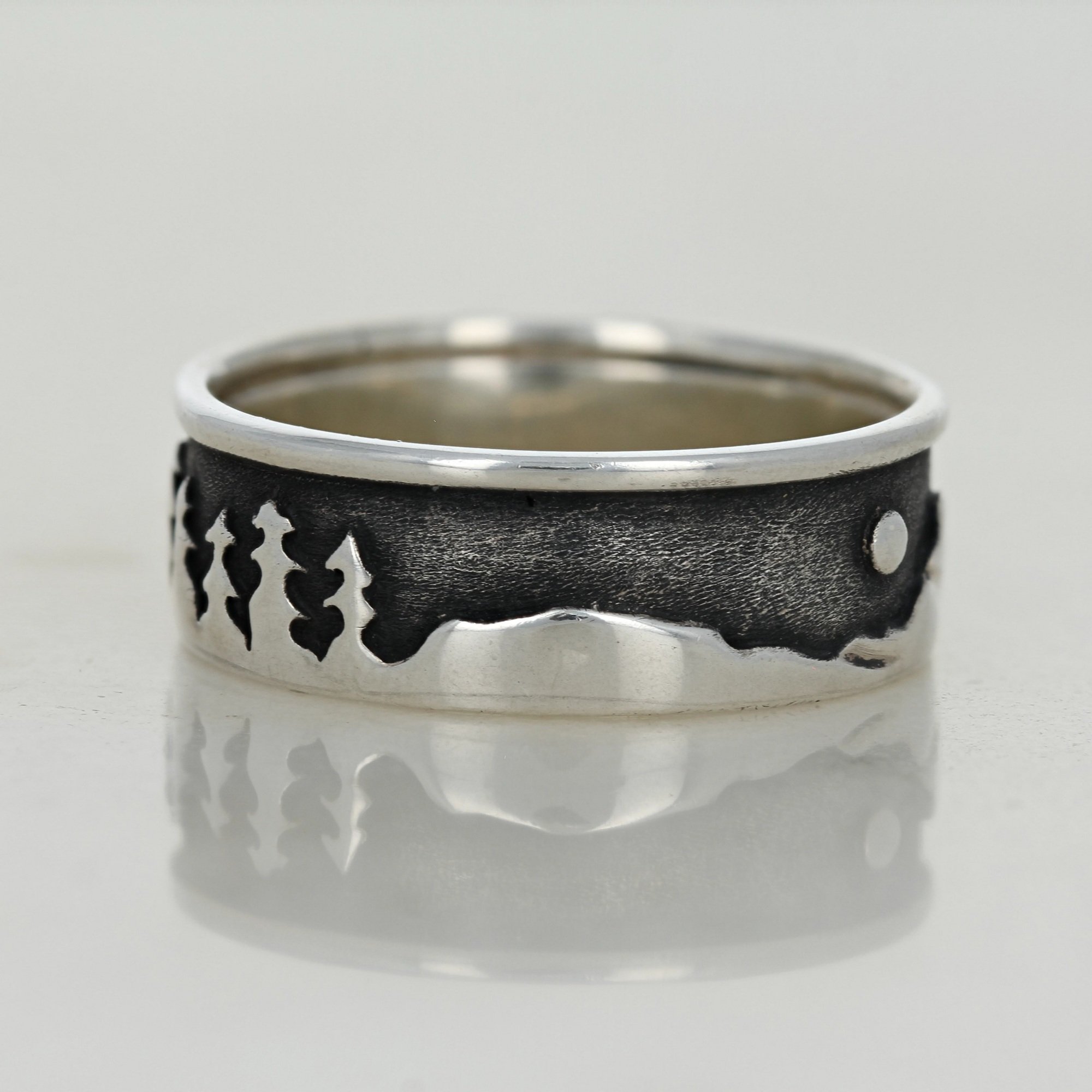 oxidized sterling silver mountain range landscape wide band ring