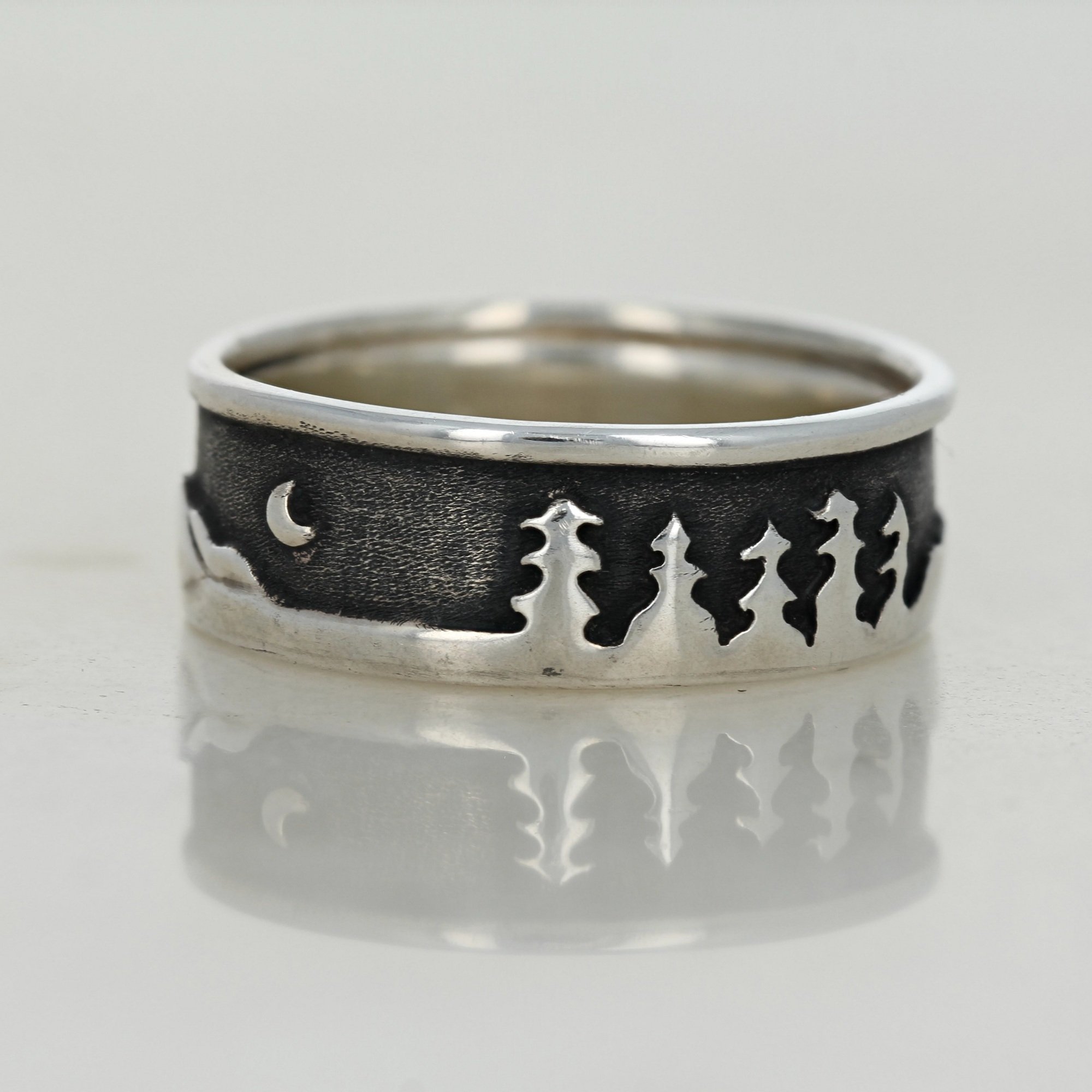 oxidized sterling silver mountain range landscape wide band ring