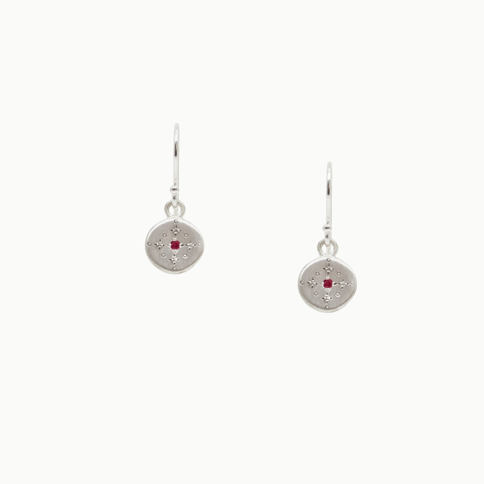 sterling silver brushed finish ruby new moon dangle drop earrings