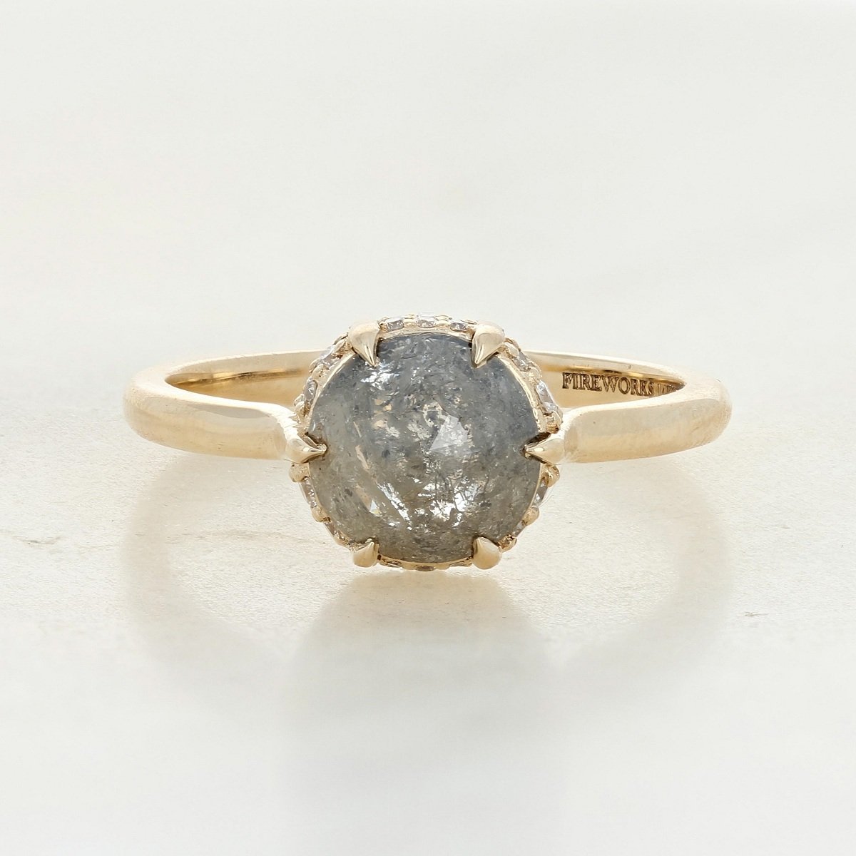 14k yellow gold salt and pepper icy diamond pillow pave hidden halo accented engagement ring