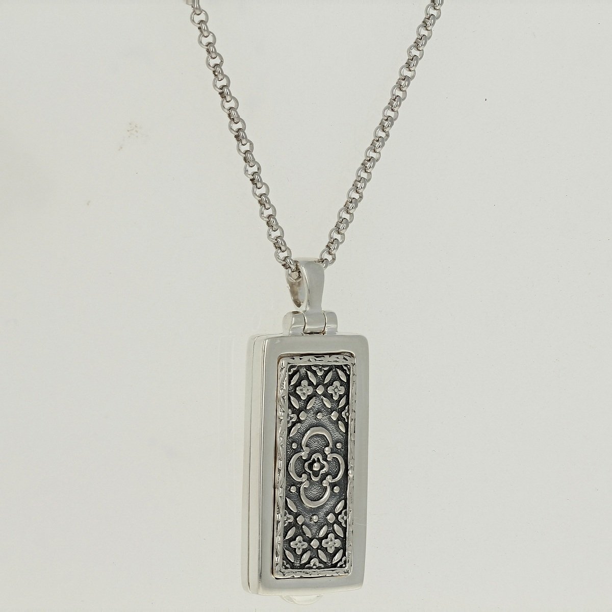 oxidized sterling silver floral engraved rectangle locket pendant necklace