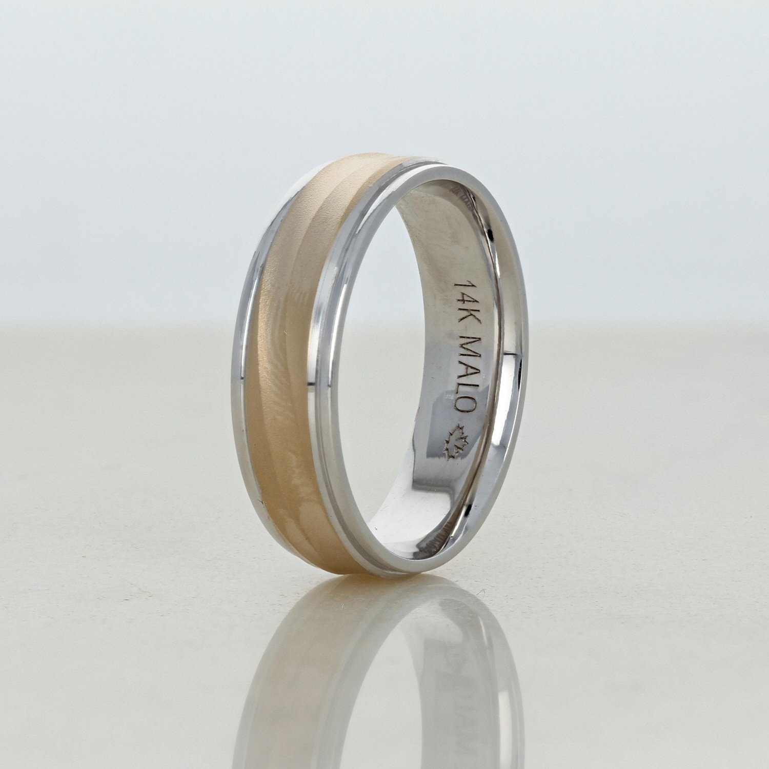 14k two tone yellow gold white gold satin finish step edge wave 6mm width men's wedding band ring