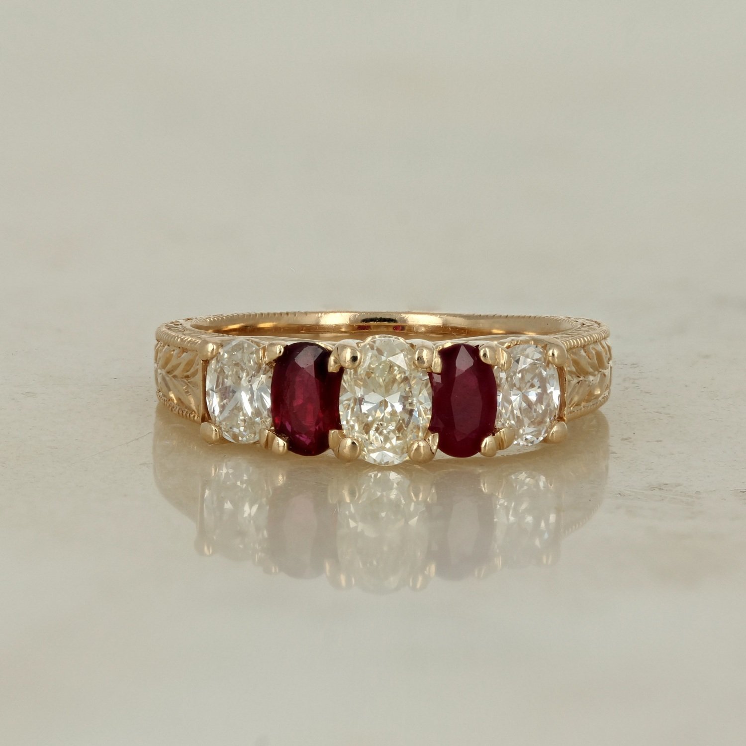 18k yellow gold oval diamond ruby 5 stone engraved ring