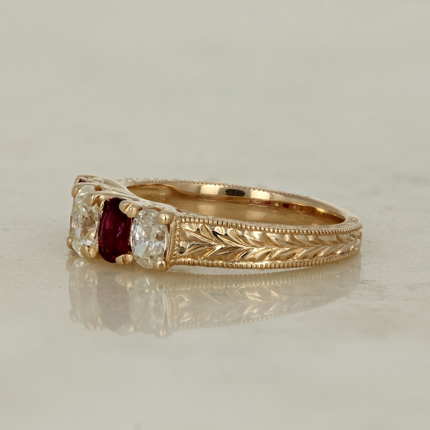 18k yellow gold oval diamond ruby 5 stone engraved ring