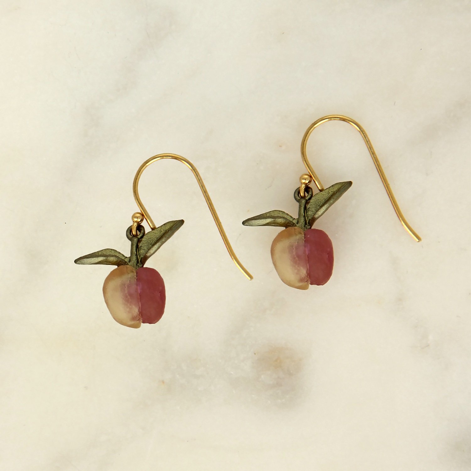 gold plated bronze cast glass peach dangle drop earrings