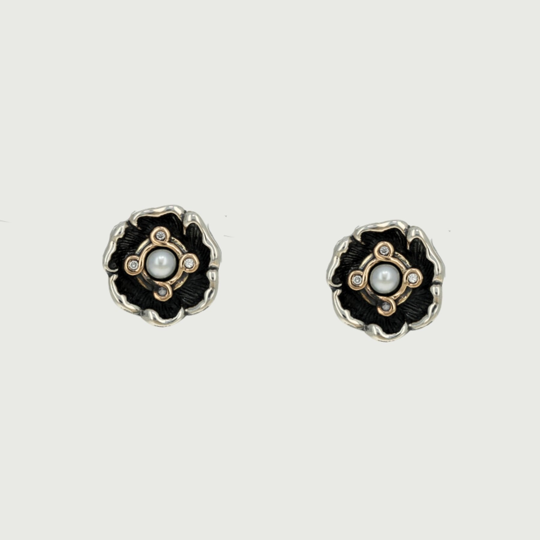 oxidized sterling silver 10k yellow gold fresh water pearl cubic zirconia cz stud earrings