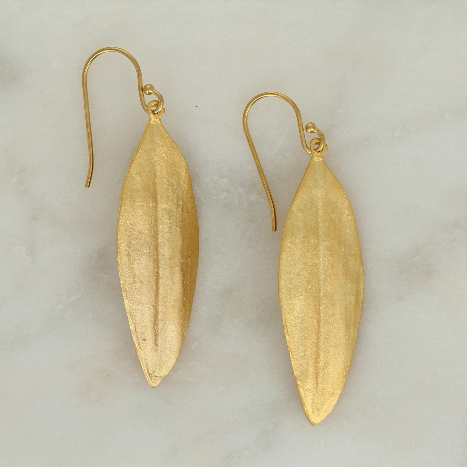gold plated bronze cordyline leaf dangle drop earrings