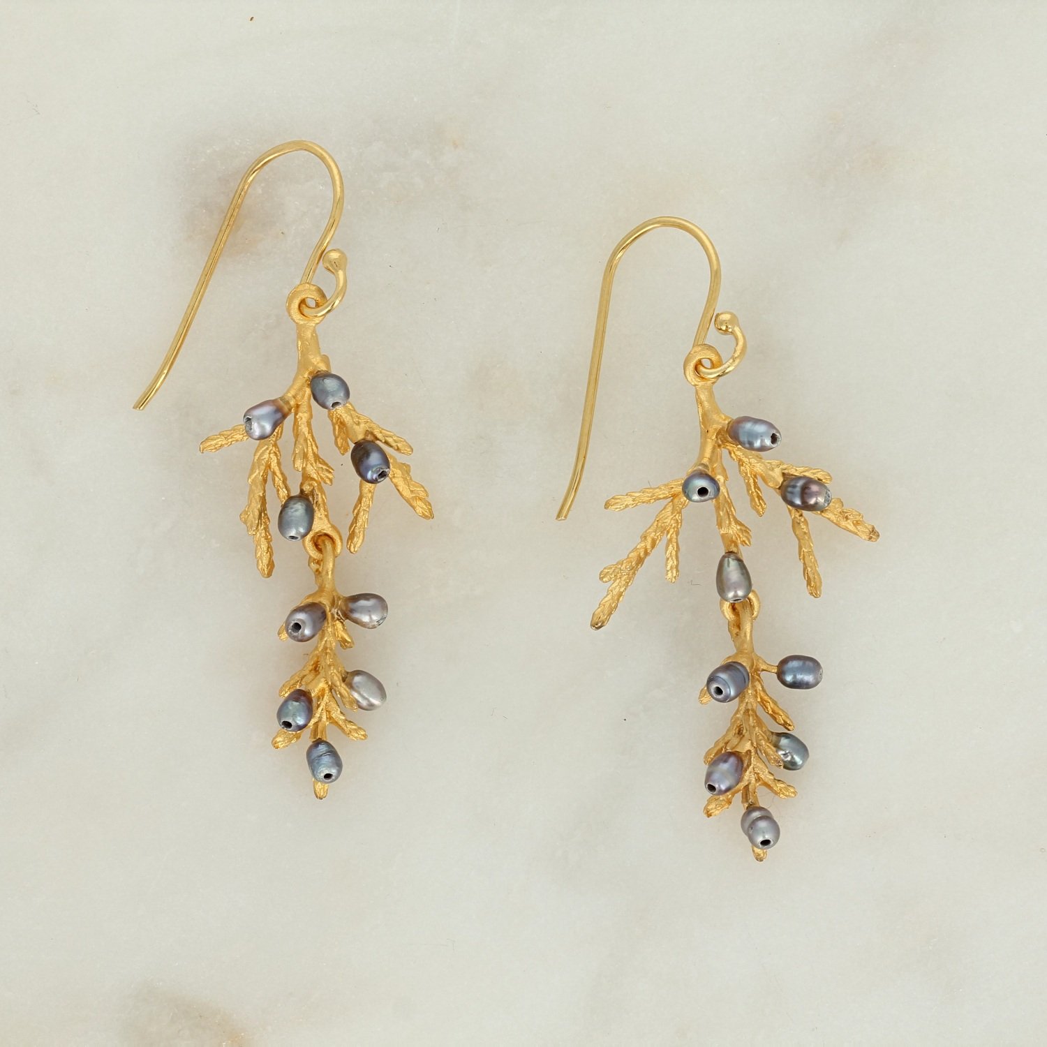 gold plated bronze fresh water pearl dainty juniper dangle drop earrings