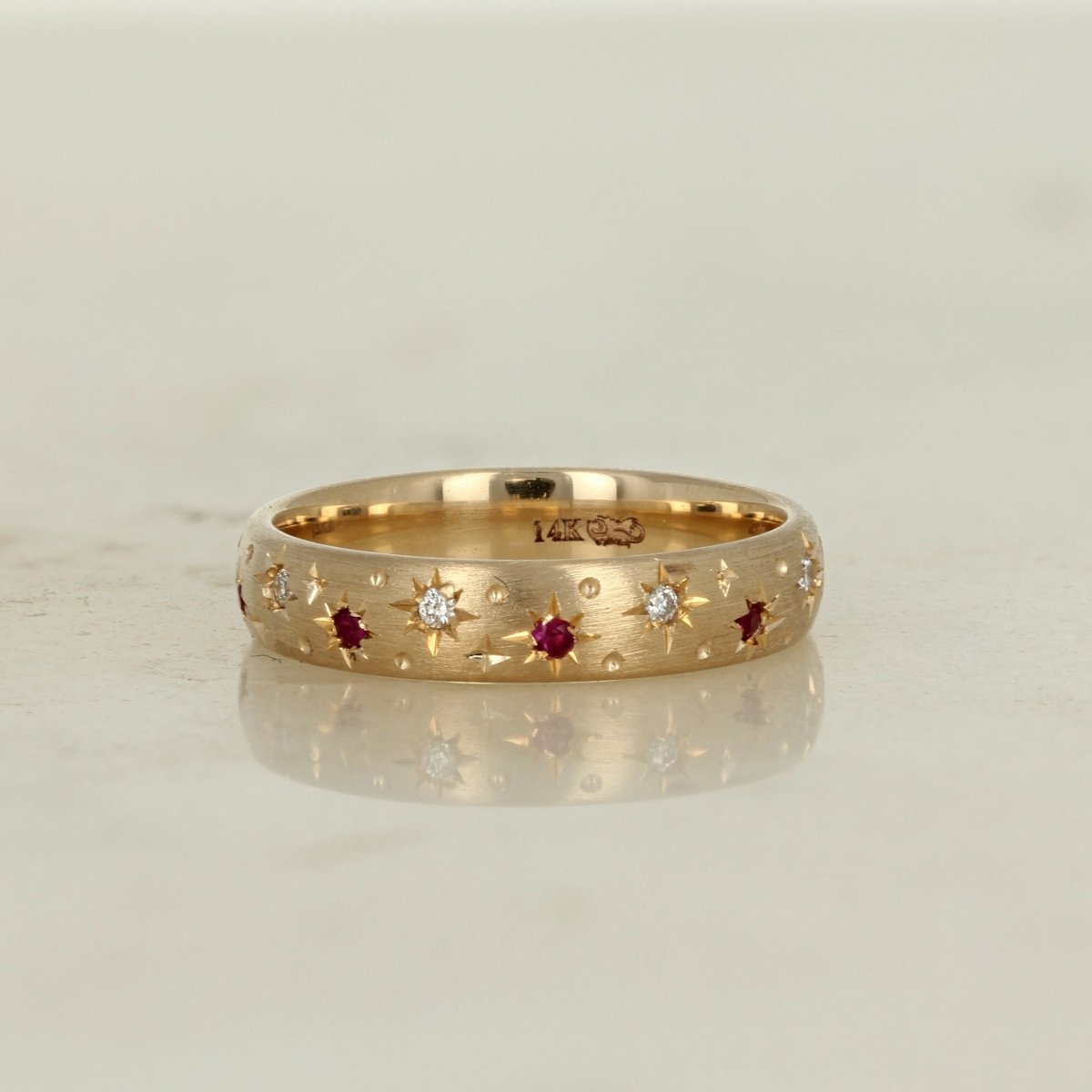 14k yellow gold ruby and diamond starry night constellation band ring