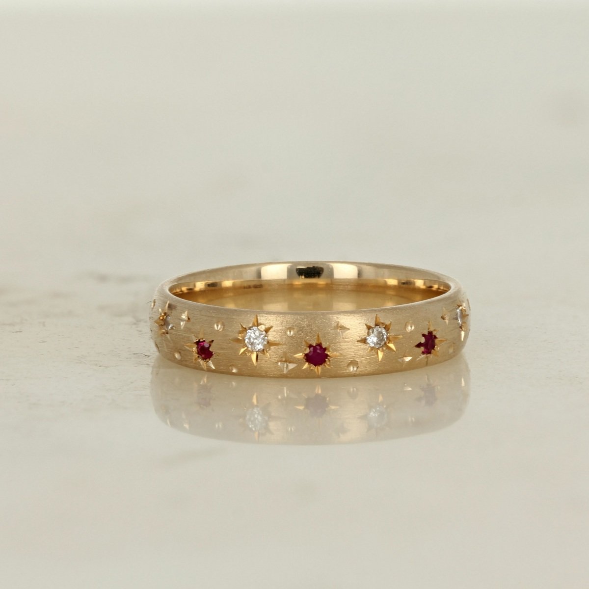 14k yellow gold ruby and diamond starry night constellation band ring