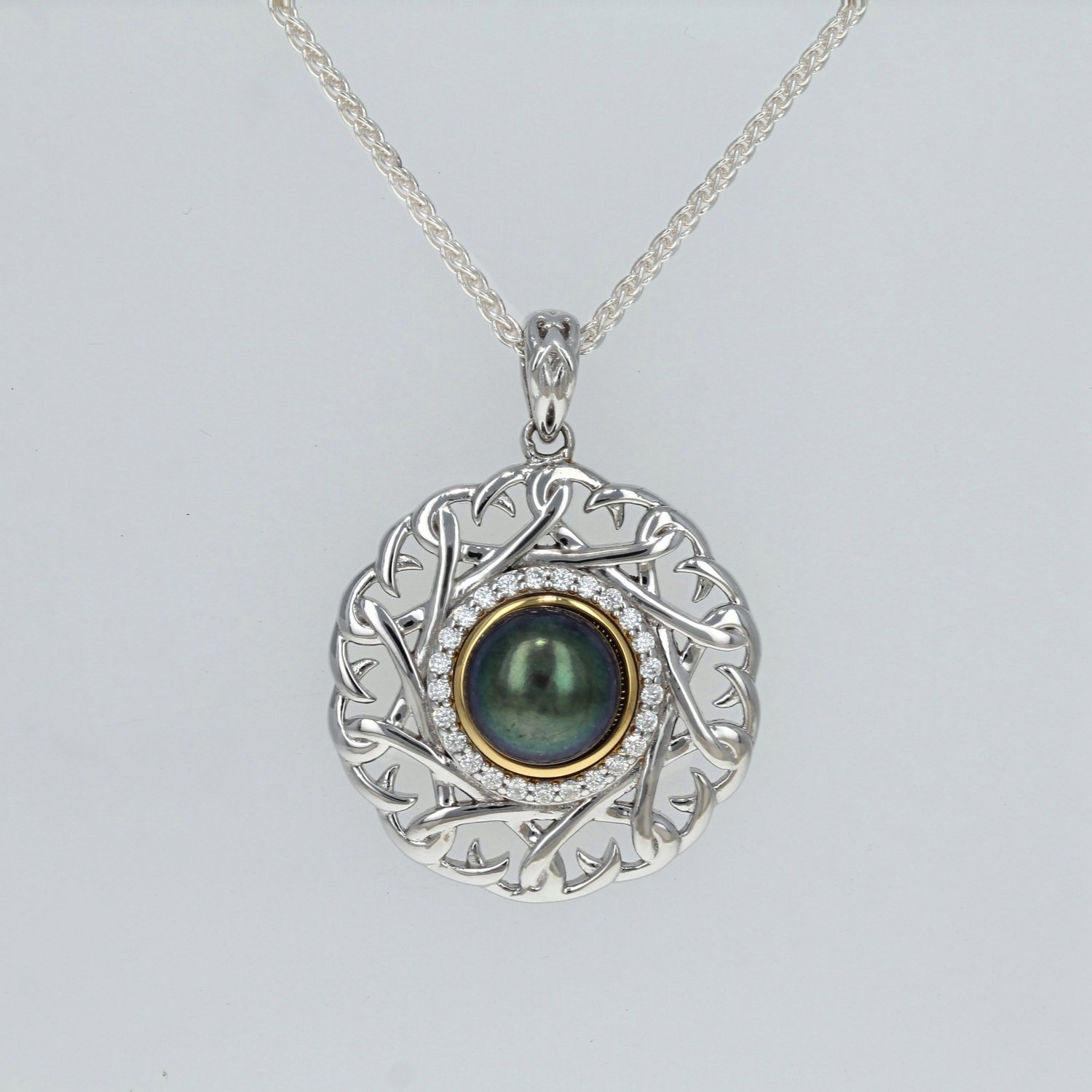 sterling silver yellow gold blue green fresh water pearl peacock aphrodite pendant necklace