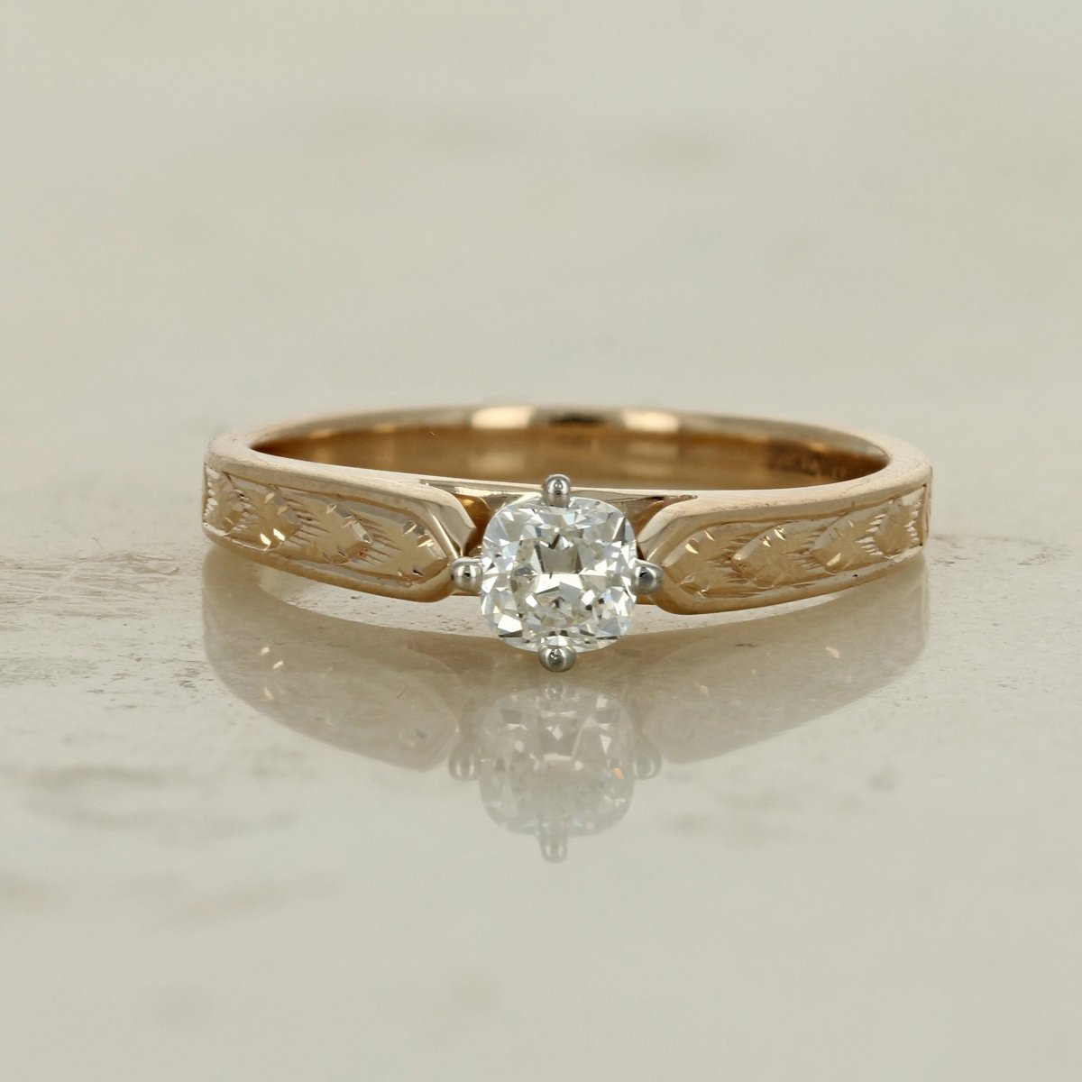 14k two tone yellow white gold round brilliant solitaire diamond hand engraved engagement ring