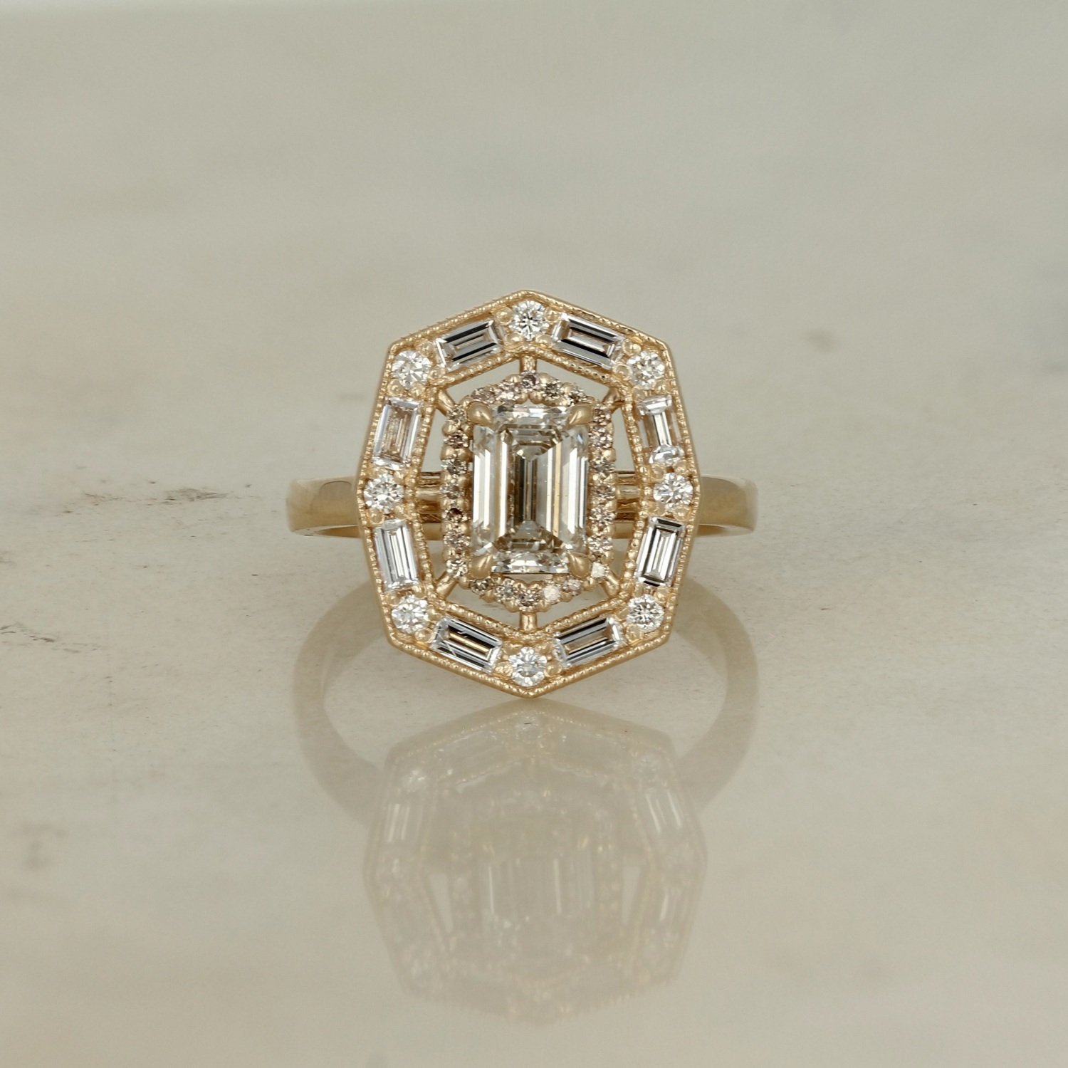 14k yellow gold emerald cut double halo champagne diamond engagement ring