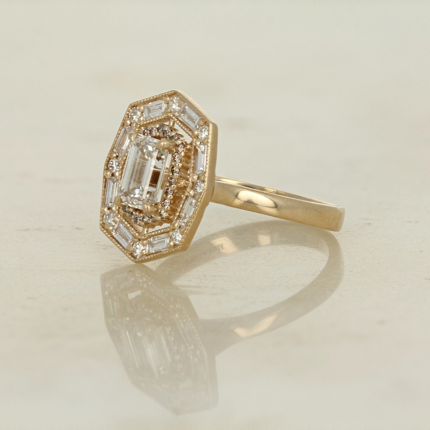 14k yellow gold emerald cut double halo champagne diamond engagement ring