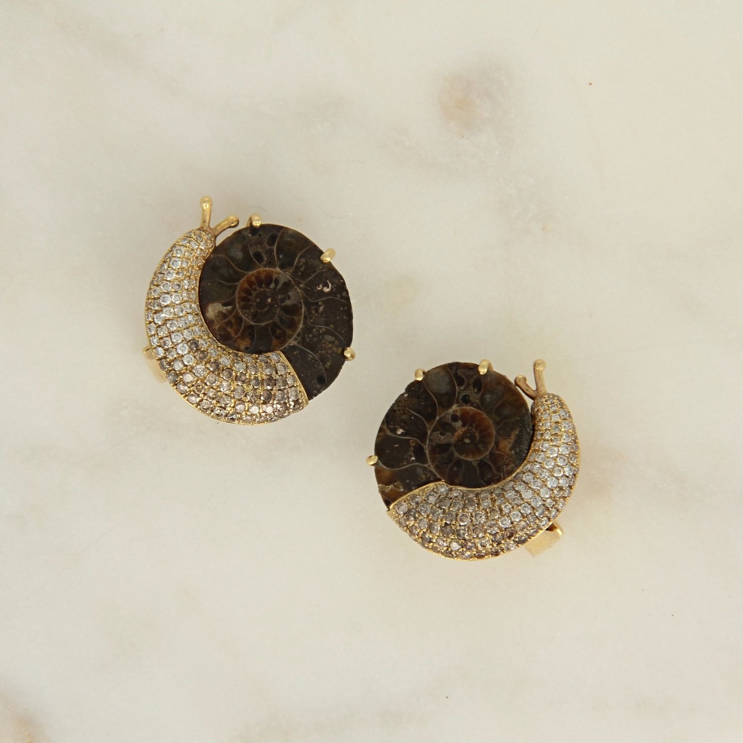 18k yellow gold fossil snail diamond clip on earrings