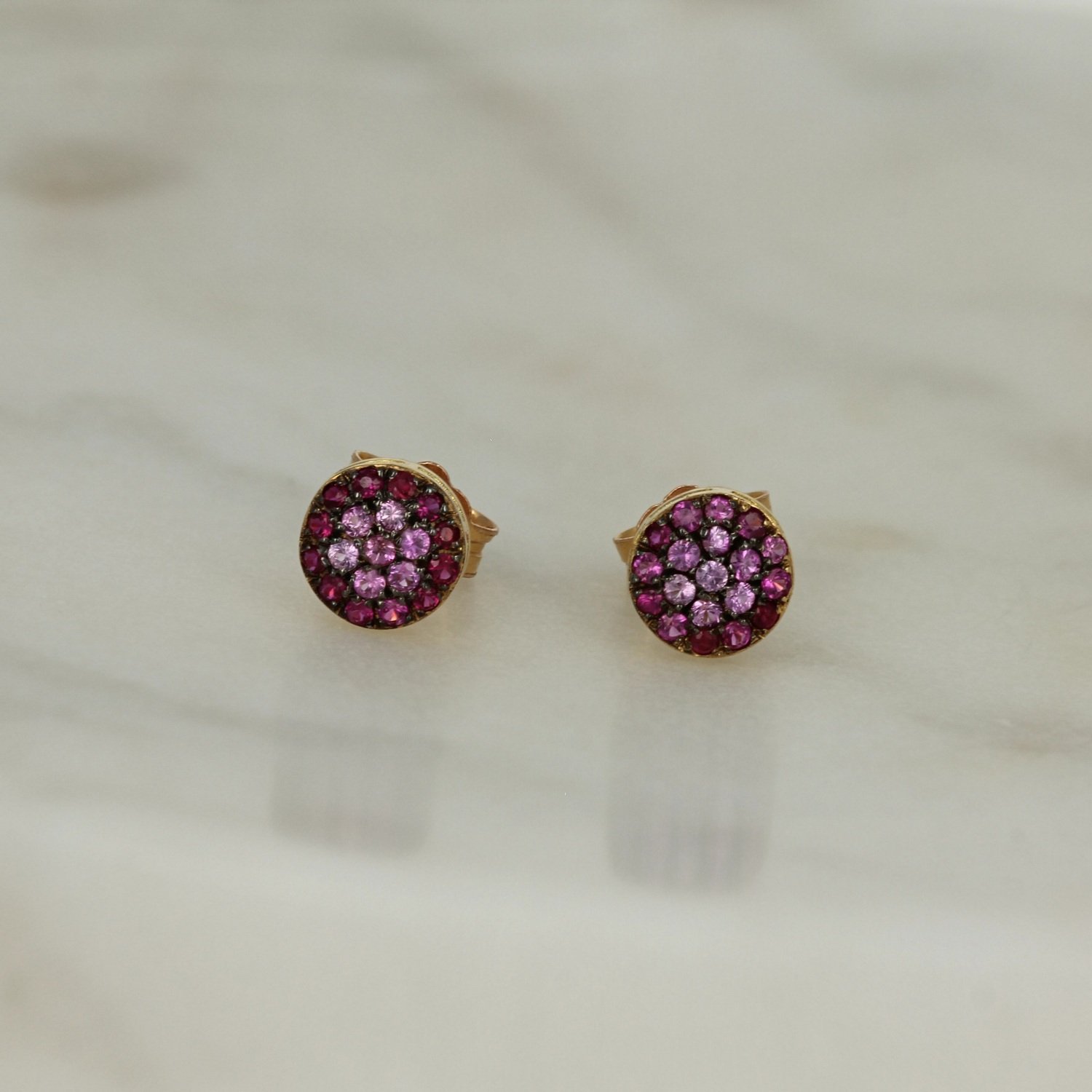 18k yellow gold ruby pink sapphire pave set stud earrings