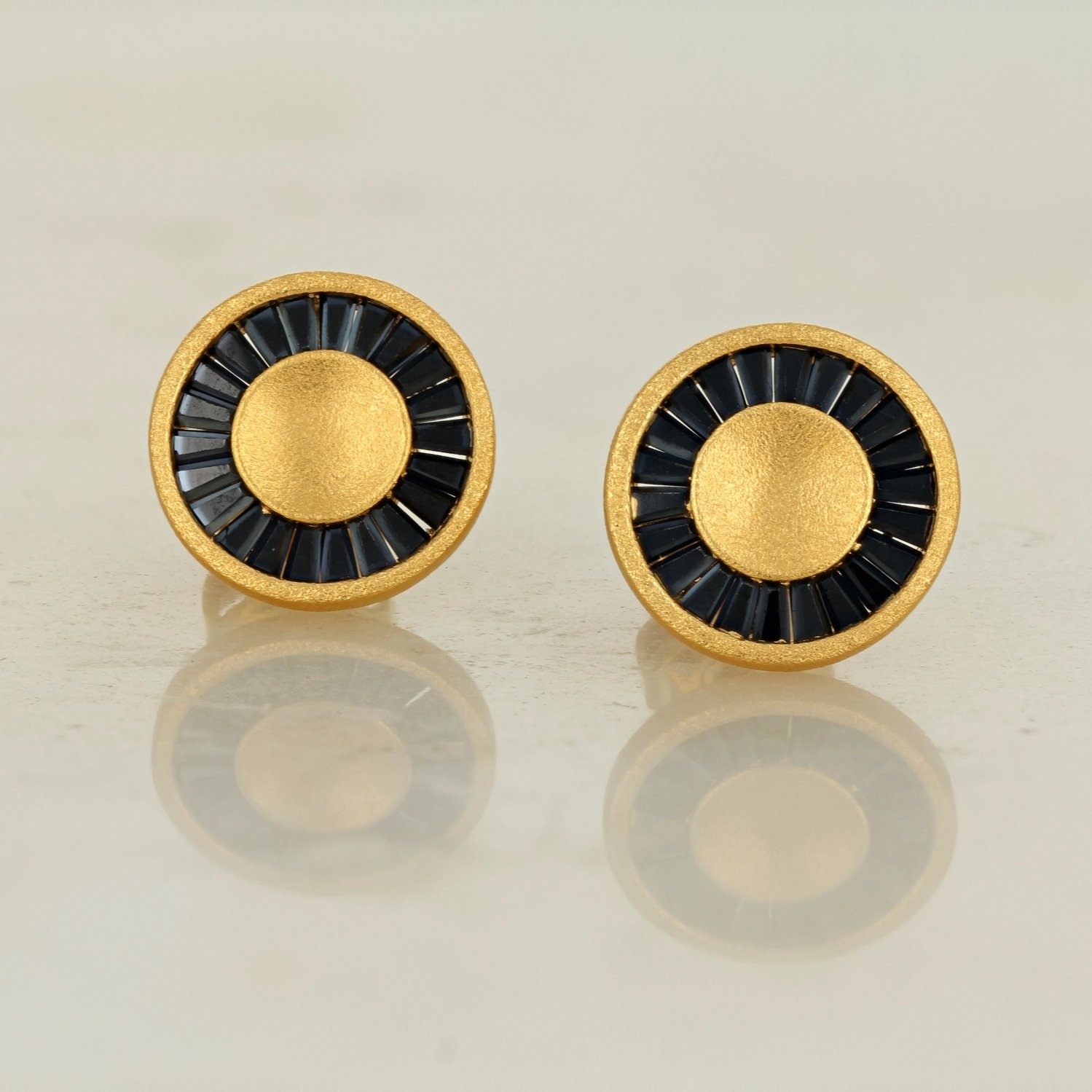 sterling silver 24k gold plated black spinel round stud earrings