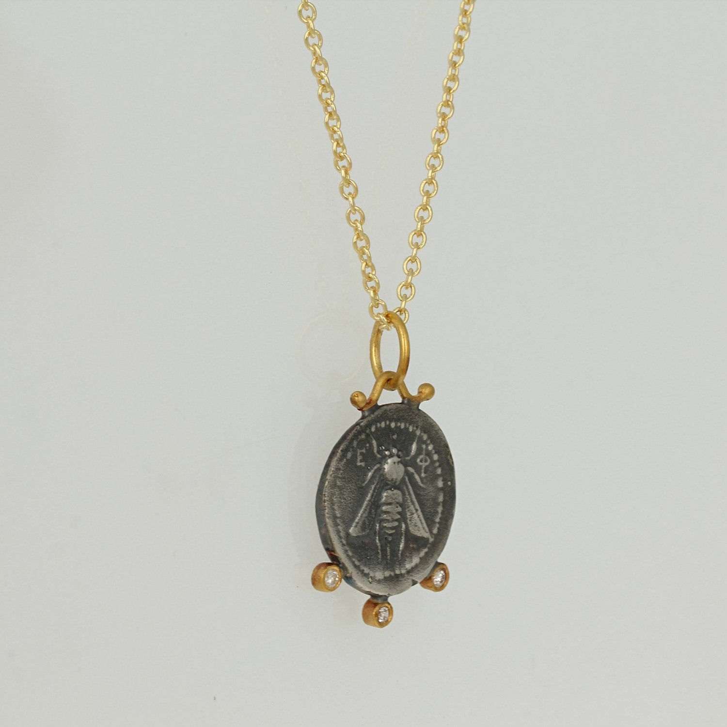 oxidized sterling silver 24k yellow gold diamond bee pendant necklace