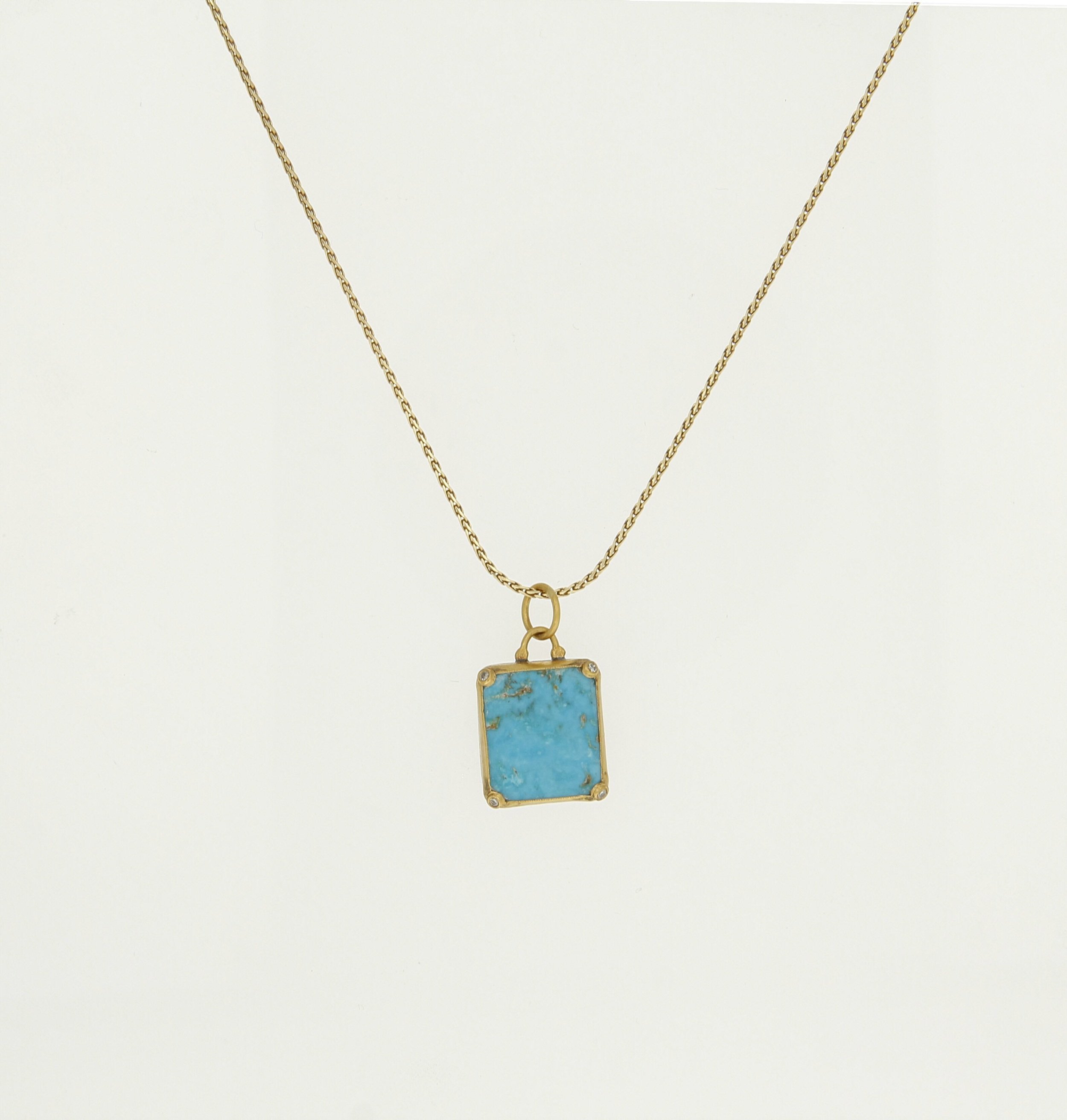 sterling silver and 24k yellow gold turquoise and diamond rectangle pendant necklace