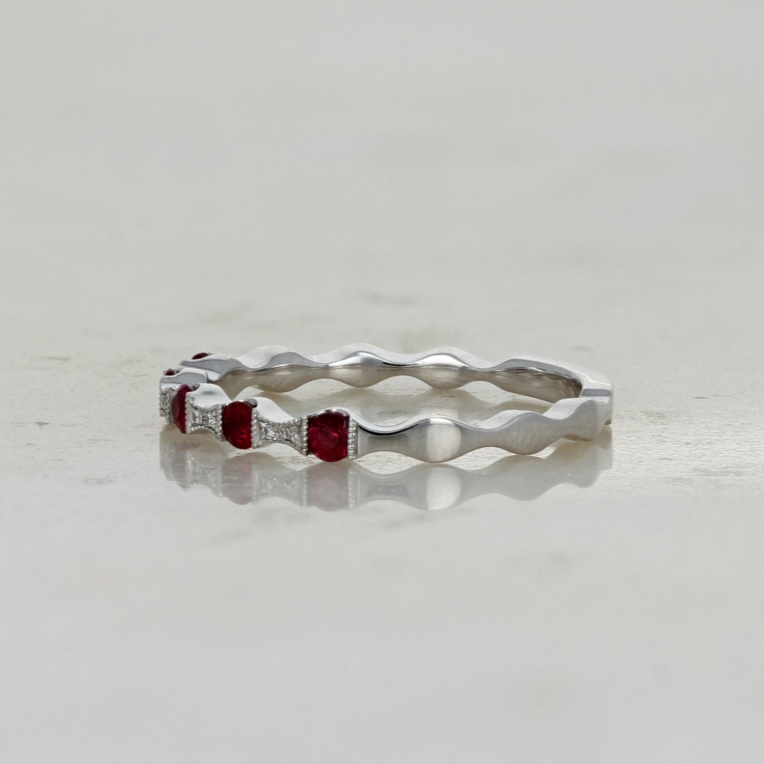 14k white gold ruby diamond scalloped half eternity wedding anniversary band ring