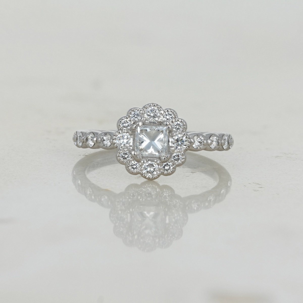 white gold princess cut accented flower Canadian diamond engagement ring