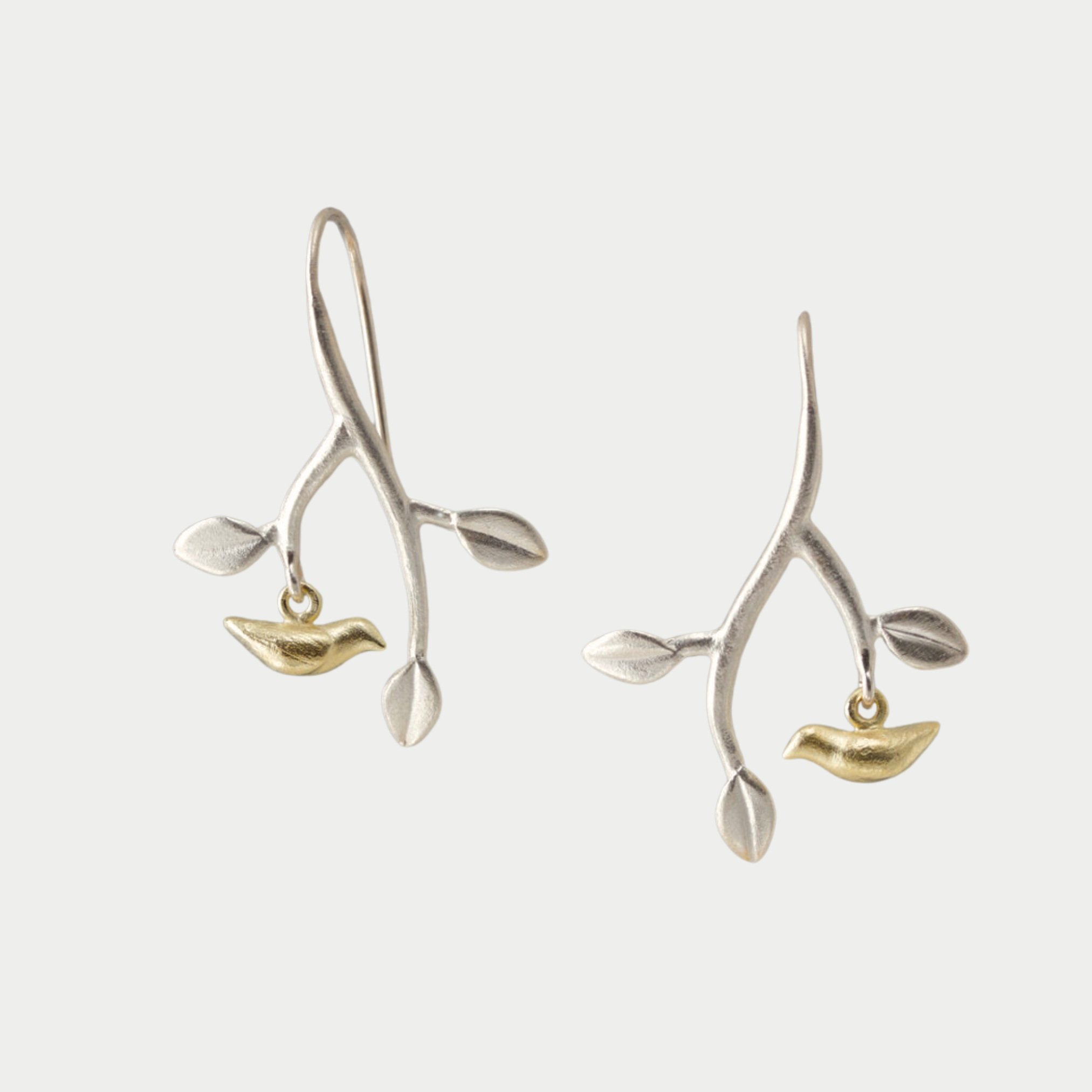 sterling silver gold vermeil plated tree branch leaf bird dangle drop earrings