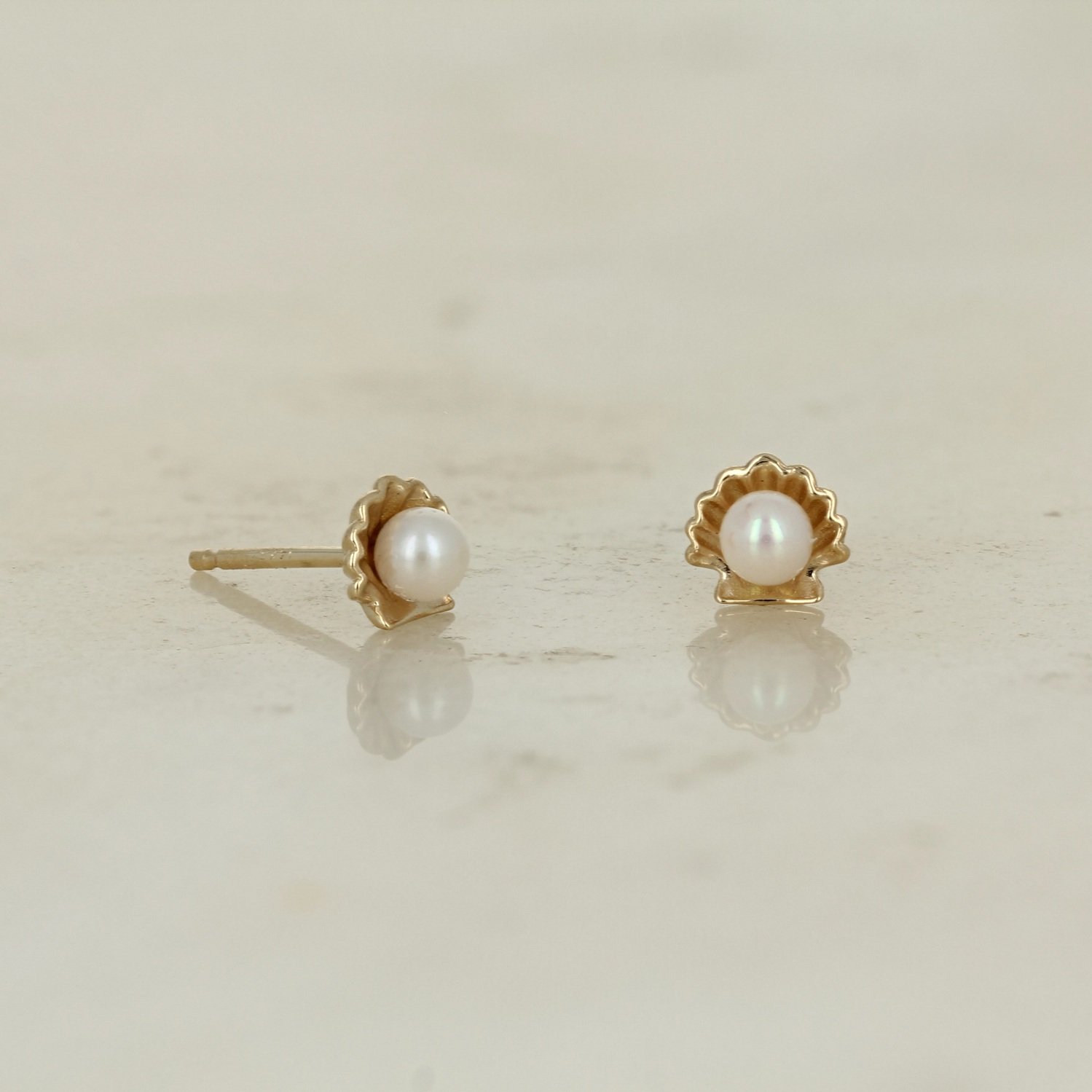 14k yellow gold seed pearl shell stud earrings