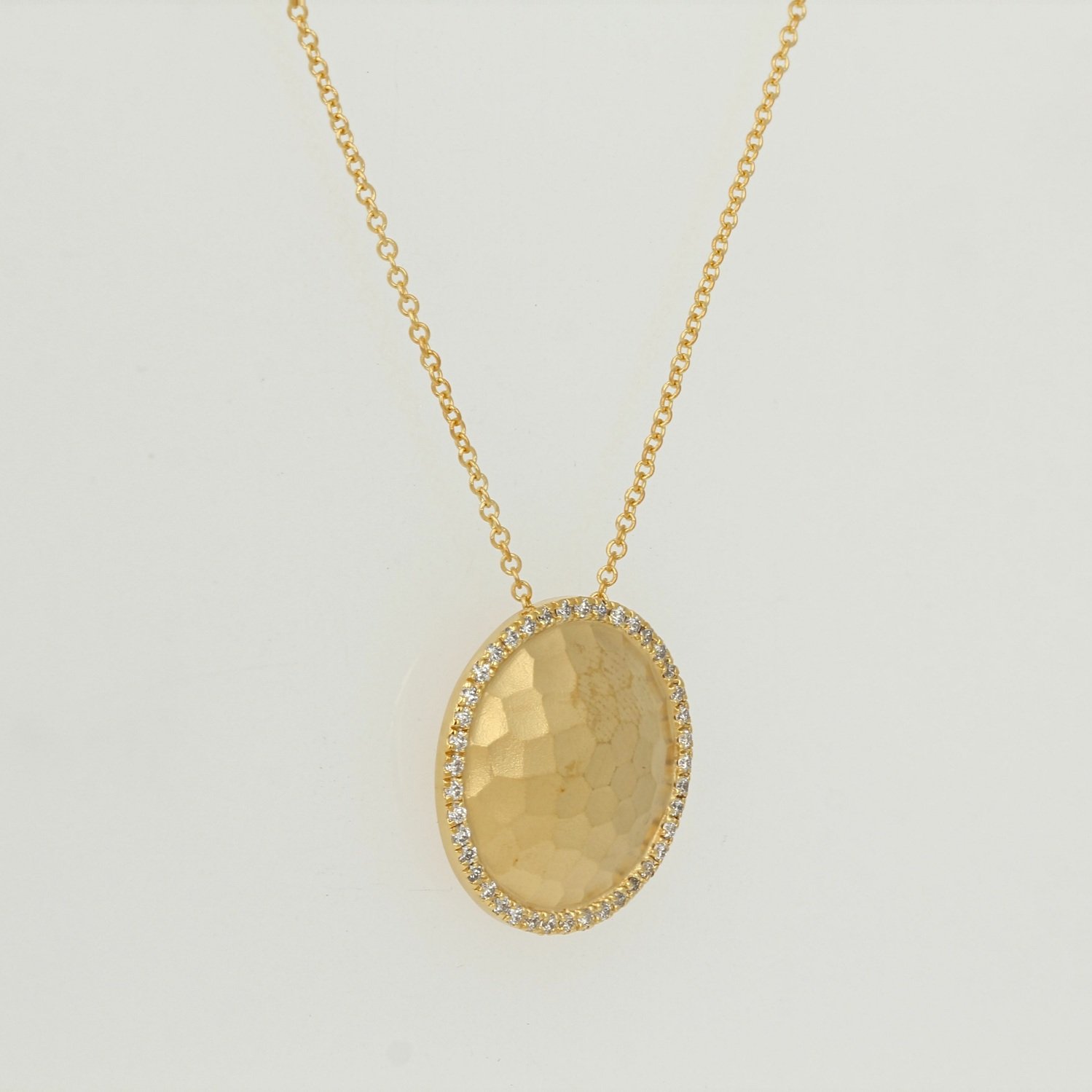 14k yellow gold diamond hammered circle disc pendant necklace