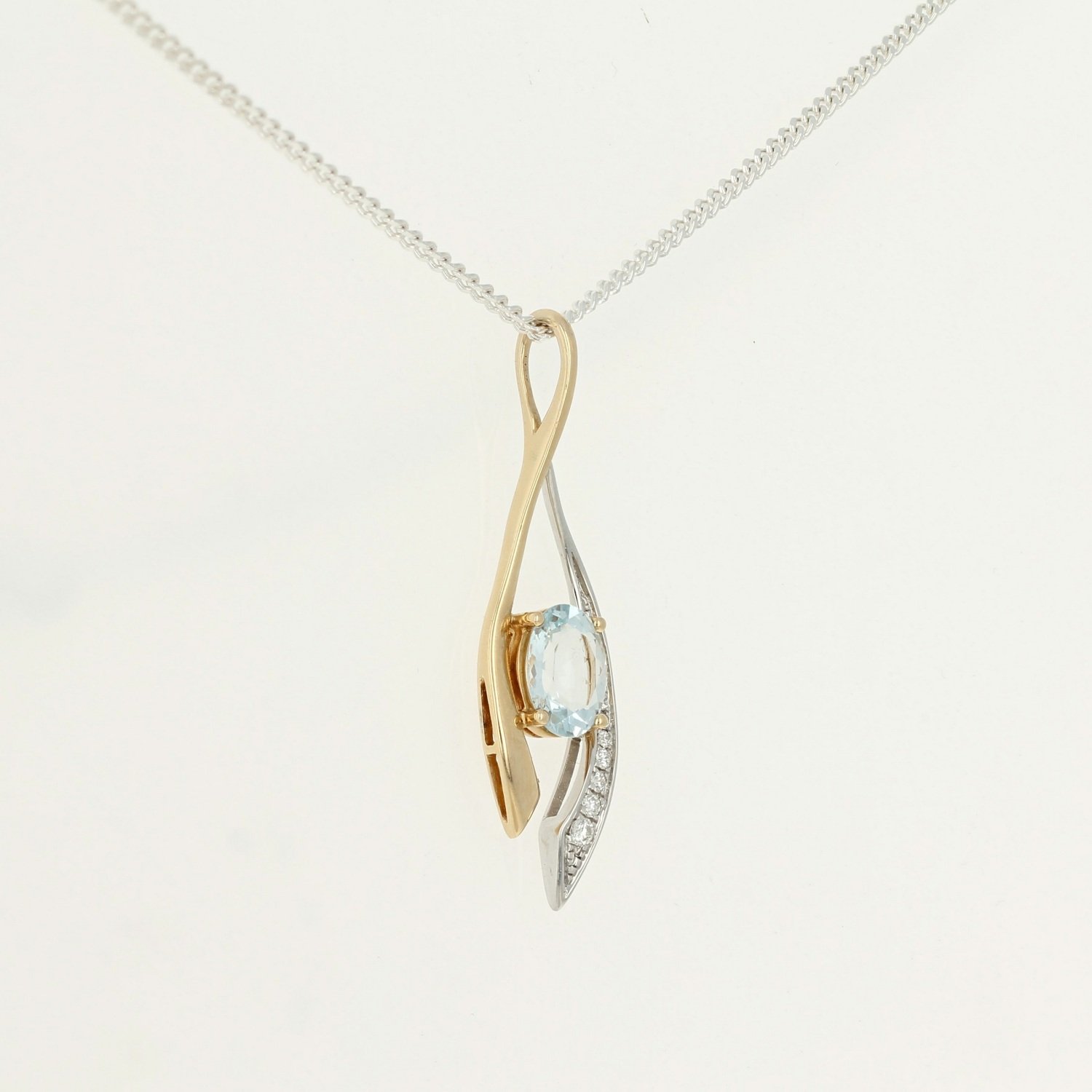 14k two tone yellow white gold oval aquamarine diamond accented necklace pendant