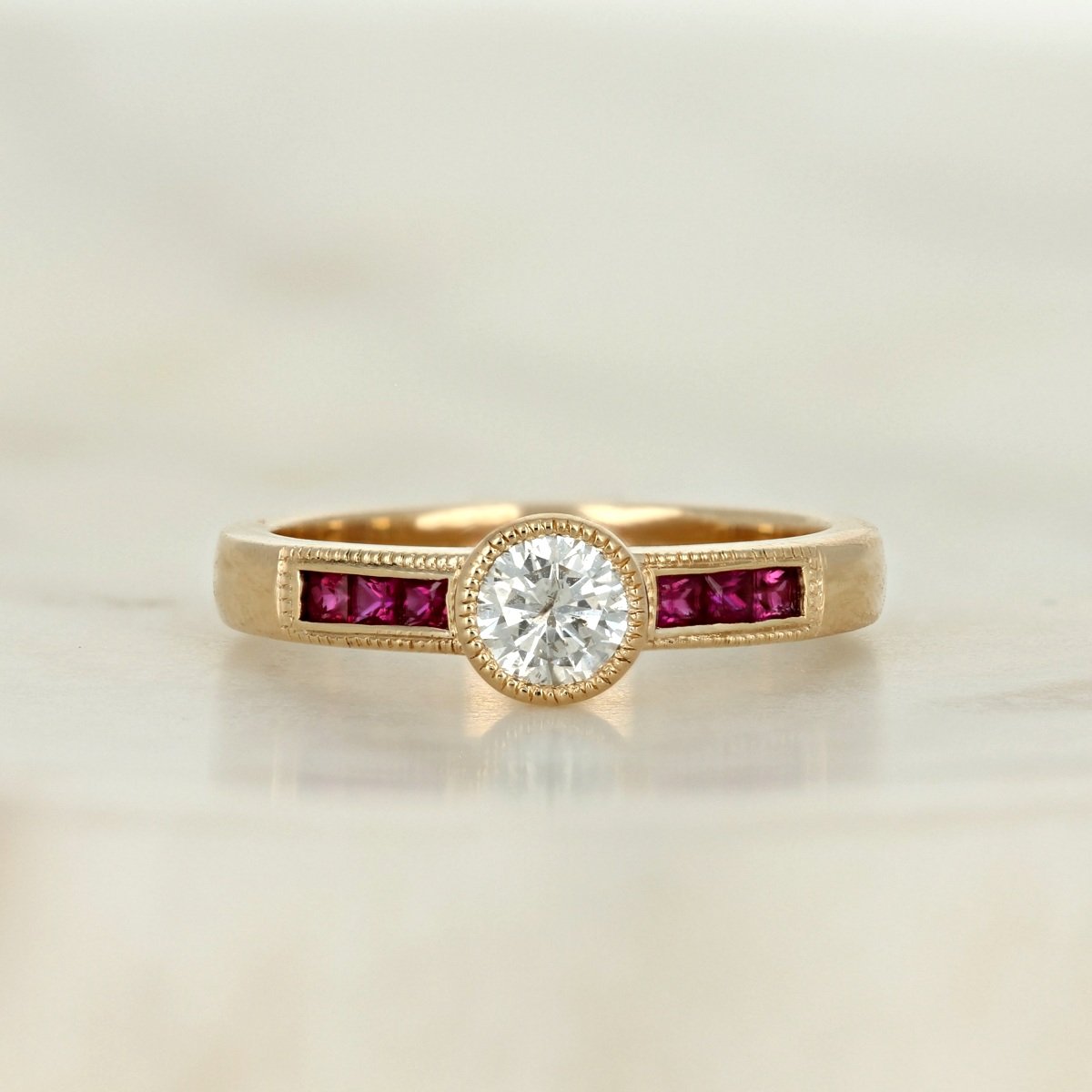 14k yellow gold round diamond accent channel set milgrain princess cut ruby engagement ring