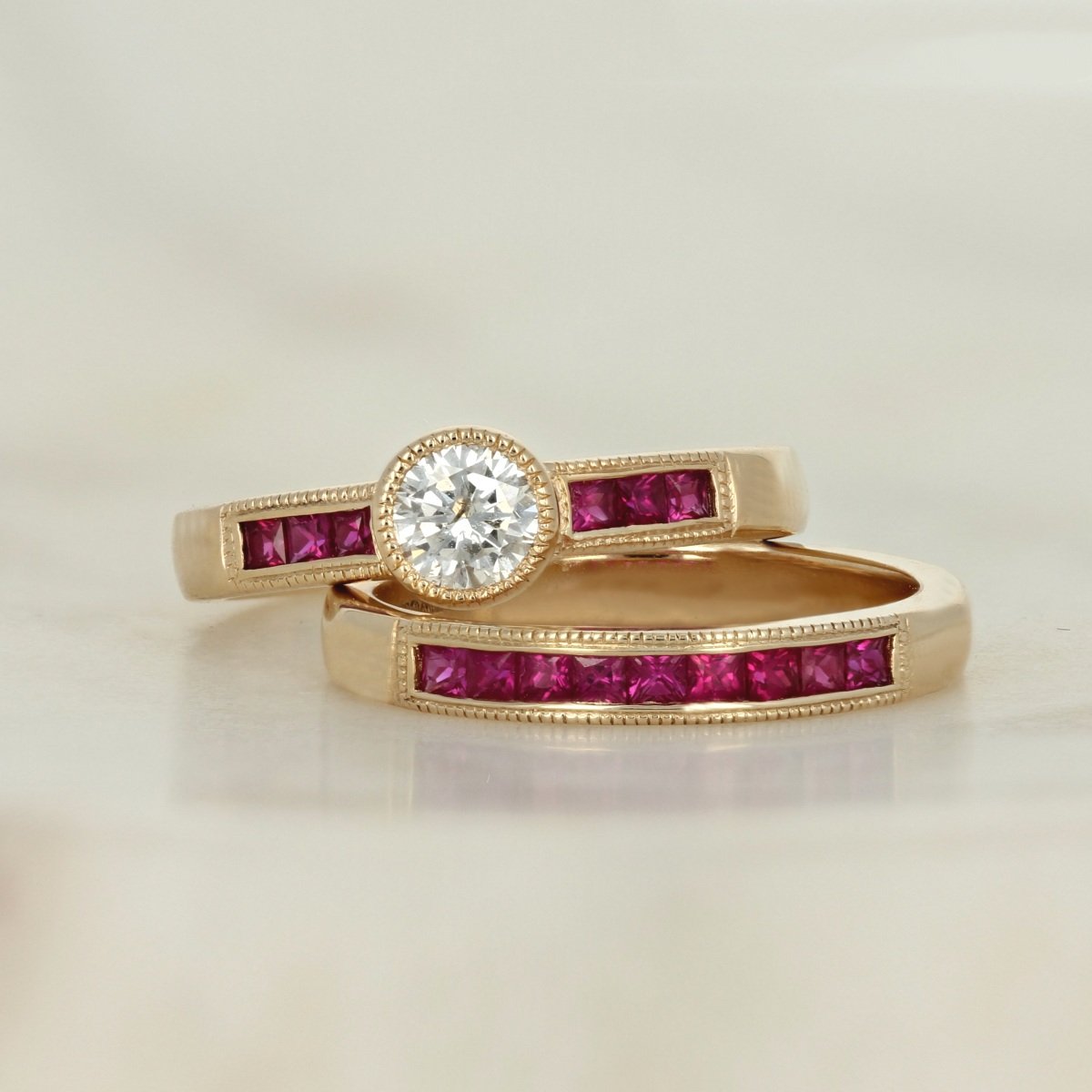 14k yellow gold round diamond accent channel set milgrain princess cut ruby engagement ring