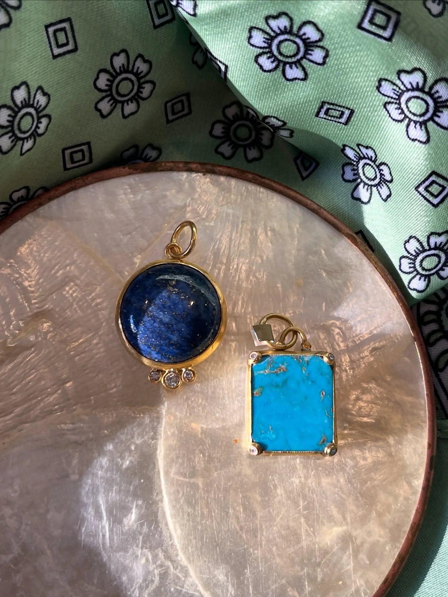 Gemstone lovers 🗣️ Lapis &amp; Turquoise pendants both set in 24k gold &amp; sterling silver 40% off now