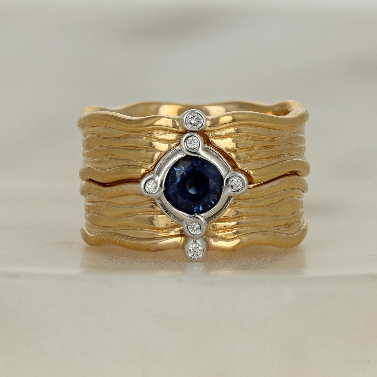10k two tone yellow white gold blue sapphire diamond accented rocks n rivers two ring set