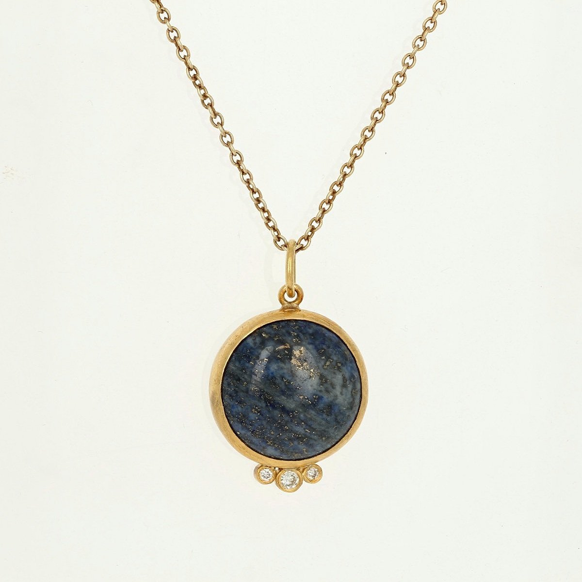 oxidized sterling silver and 24k yellow gold lapis cabochon diamond accented pendant necklace