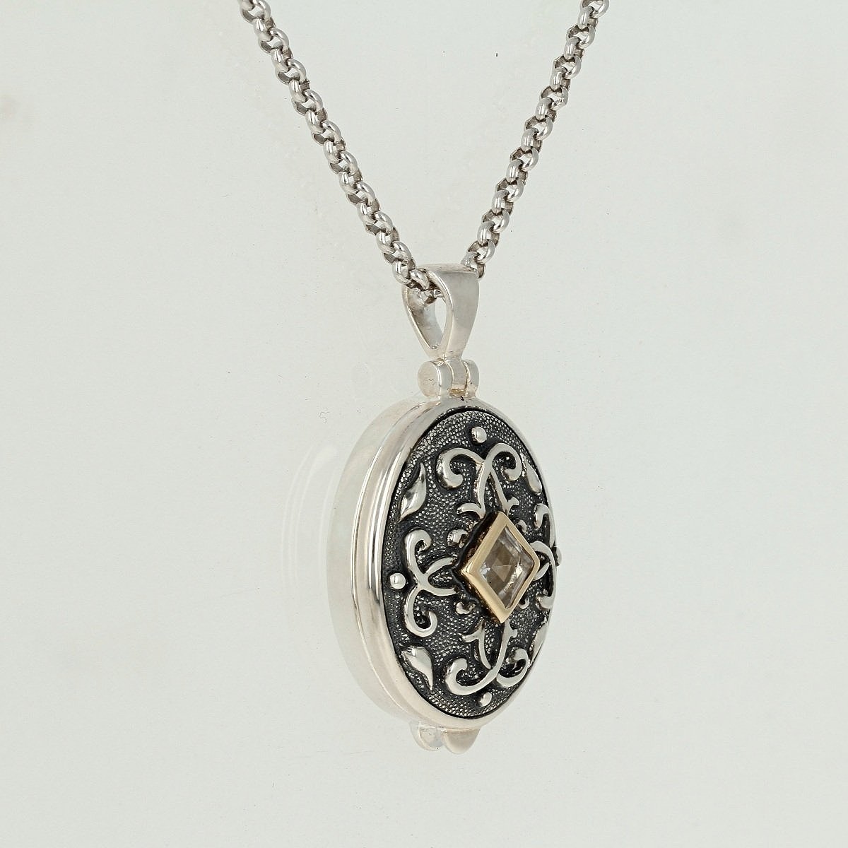 oxidized sterling silver and 14k yellow gold white princess cut topaz locket pendant necklace