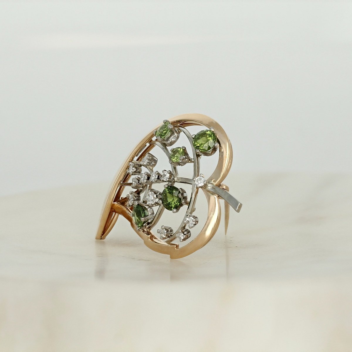 estate 14k 18k two tone yellow white gold green sapphire diamond leaf brooch